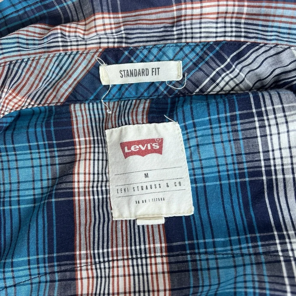 Men's Levi Western Cowboy Blue Plaid Pearl Snap Button Down M Standard Fit Shirt